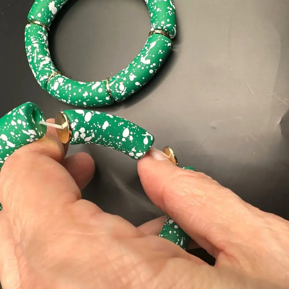 Green Tube Stretch Bracelet Set of 2 Bracelets Splatter Modern White Lot Casual